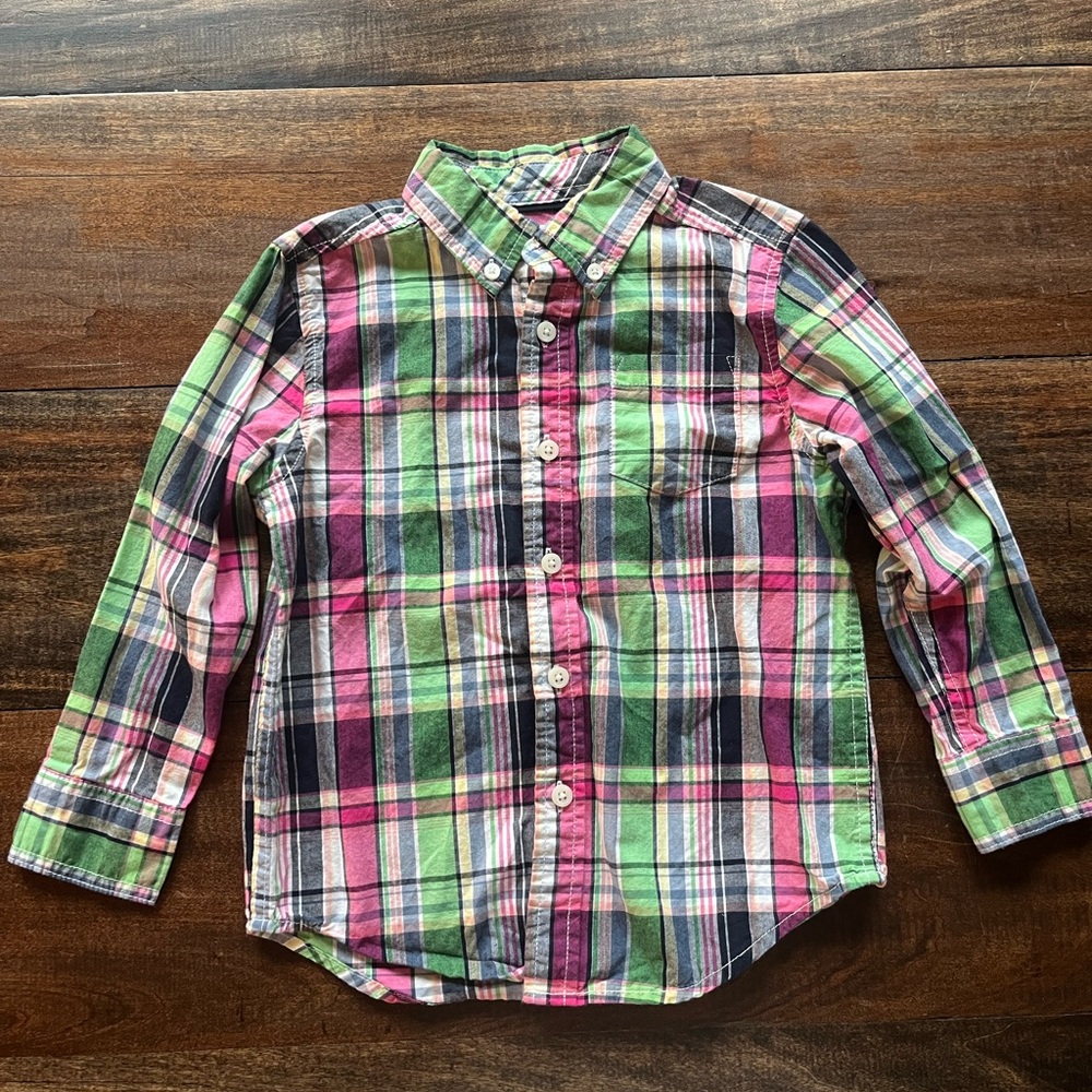 GYMBOREE COLLARED SHIRT pink navy green plaid‎ BUTTON DOWN SIZE XS (4)